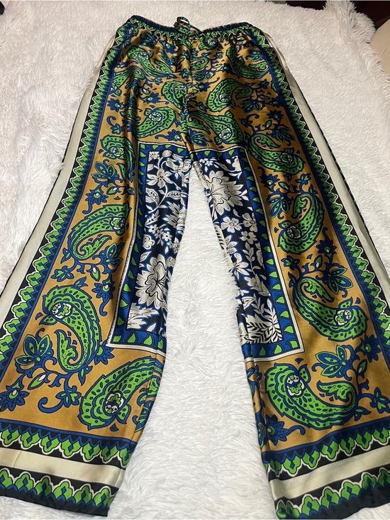 Zara Pants - Zara Gold, Green & Blue Paisley-Print Elastic Waist Pants